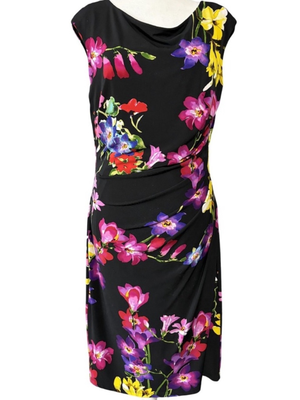 Lauren Ralph Lauren Black Cap Sleeve Wrap Cocktail Midi Dress Size 8 Bold Floral